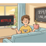 Cartoon of a happy Australian sitting on the couch with a piggy bank and modem, Netflix on TV, chalkboard saying $59/month unlimited