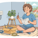 Cartoon of a smiling Australian sitting on the floor with an open modem box, holding a screwdriver and an instructions booklet, with an NBN connection box visible on the wall behind