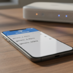 Photograph of a smartphone on a wooden desk showing a Wi-Fi settings menu with both 2.4 GHz and 5 GHz networks listed, with a Wi-Fi router visible in the soft-focus background
