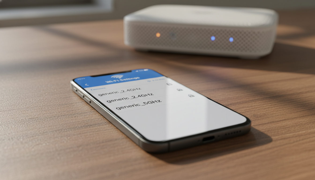 Photograph of a smartphone on a wooden desk showing a Wi-Fi settings menu with both 2.4 GHz and 5 GHz networks listed, with a Wi-Fi router visible in the soft-focus background