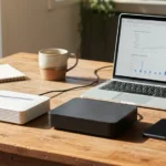 Photo of an Australian kitchen table with two internet modems side by side, a laptop showing a comparison page, coffee mug and notebook