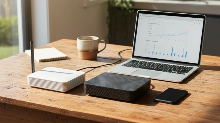 Photo of an Australian kitchen table with two internet modems side by side, a laptop showing a comparison page, coffee mug and notebook