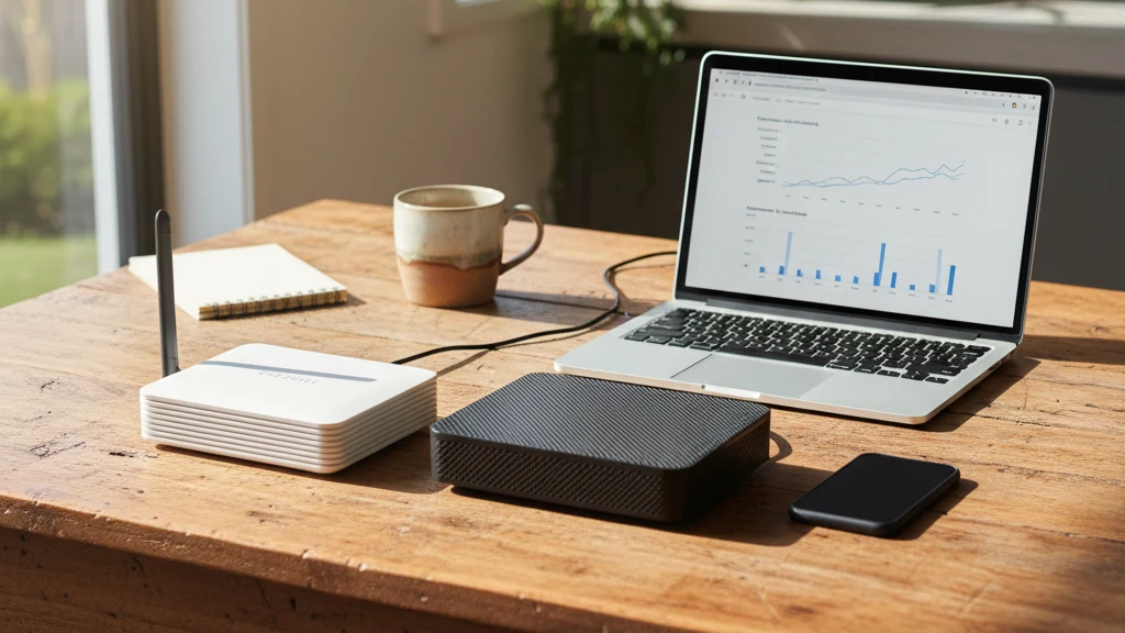 Photo of an Australian kitchen table with two internet modems side by side, a laptop showing a comparison page, coffee mug and notebook