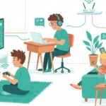 Cartoon illustration of an Australian household with multiple family members using the internet at the same time - gaming, streaming, working from home, and on a smartphone