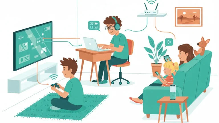 Cartoon illustration of an Australian household with multiple family members using the internet at the same time - gaming, streaming, working from home, and on a smartphone