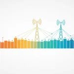 Editorial infographic showing the radio frequency spectrum used by Australian mobile networks with three cell towers and an Australian landscape silhouette