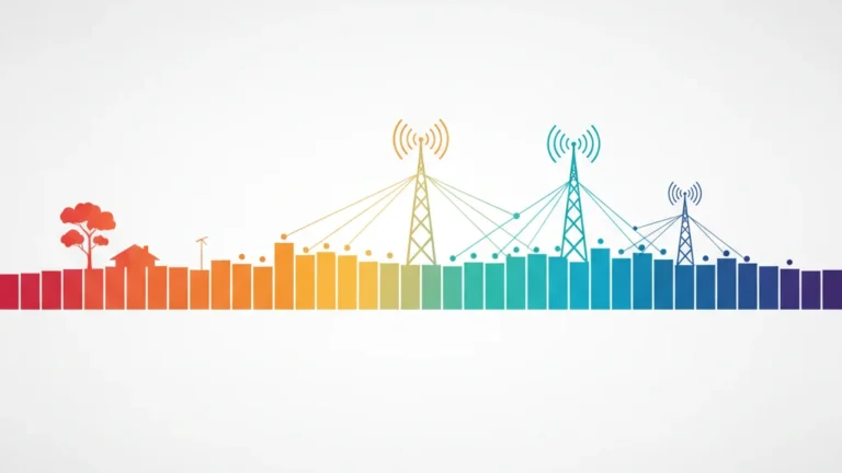 Editorial infographic showing the radio frequency spectrum used by Australian mobile networks with three cell towers and an Australian landscape silhouette
