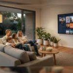 Photograph of an Australian family on a couch watching a large TV with a streaming app interface in a modern lounge room
