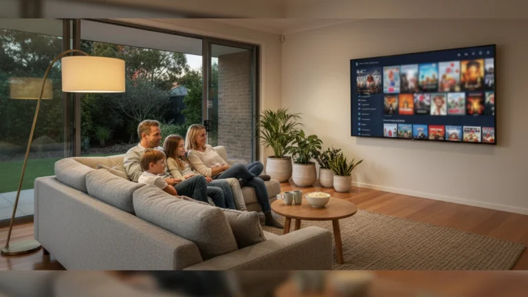 Photograph of an Australian family on a couch watching a large TV with a streaming app interface in a modern lounge room