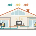 Editorial infographic showing the cross-section of an Australian home with NBN box, Wi-Fi router, and Ethernet cable runs to multiple devices in different rooms