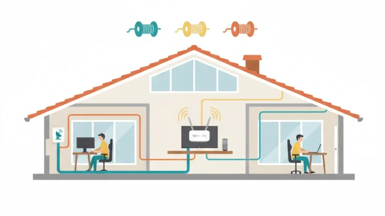Editorial infographic showing the cross-section of an Australian home with NBN box, Wi-Fi router, and Ethernet cable runs to multiple devices in different rooms