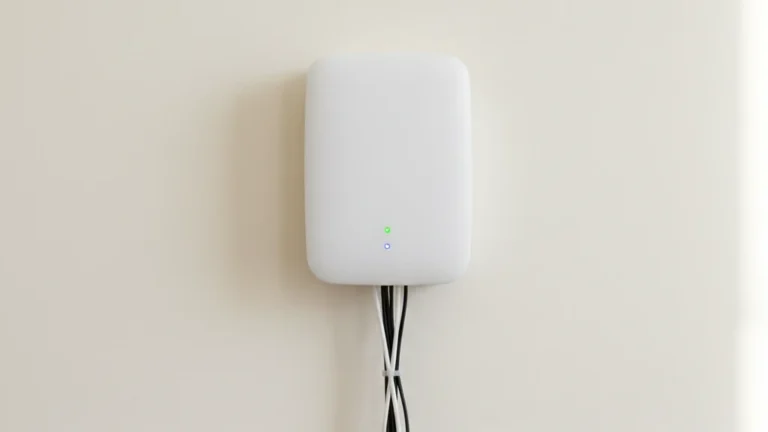 Photograph of a white NBN-style FTTP connection box mounted on a clean cream wall of an Australian home with cables routing behind the skirting