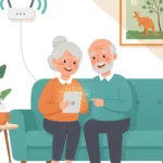 Cartoon illustration of an older Australian couple sitting together on a couch using a tablet in a warm welcoming lounge room