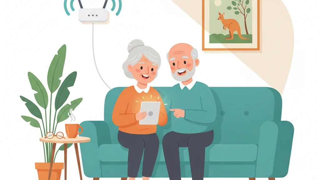 Cartoon illustration of an older Australian couple sitting together on a couch using a tablet in a warm welcoming lounge room