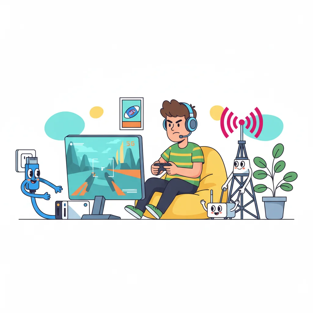 Cartoon illustration of a gamer with an NBN ethernet cable and a 5G antenna competing for his connection