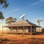 Photorealistic illustration of a Starlink-style satellite dish mounted on a rural Australian farmhouse with corrugated iron roof, surrounded by red dirt and gum trees under a blue sky