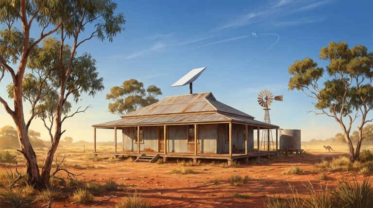 Photorealistic illustration of a Starlink-style satellite dish mounted on a rural Australian farmhouse with corrugated iron roof, surrounded by red dirt and gum trees under a blue sky