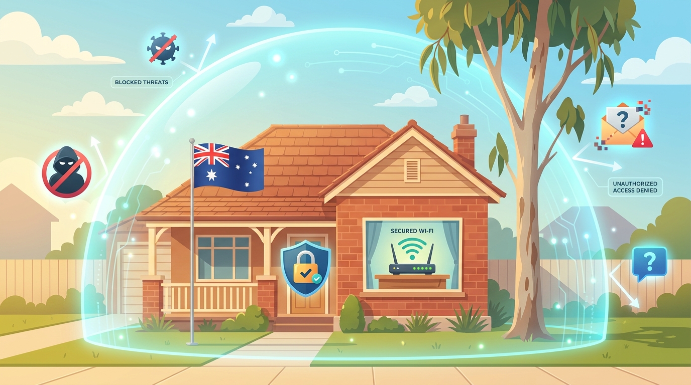 Cartoon of an Australian suburban home protected by a glowing security shield, with hooded hacker and threat icons blocked outside