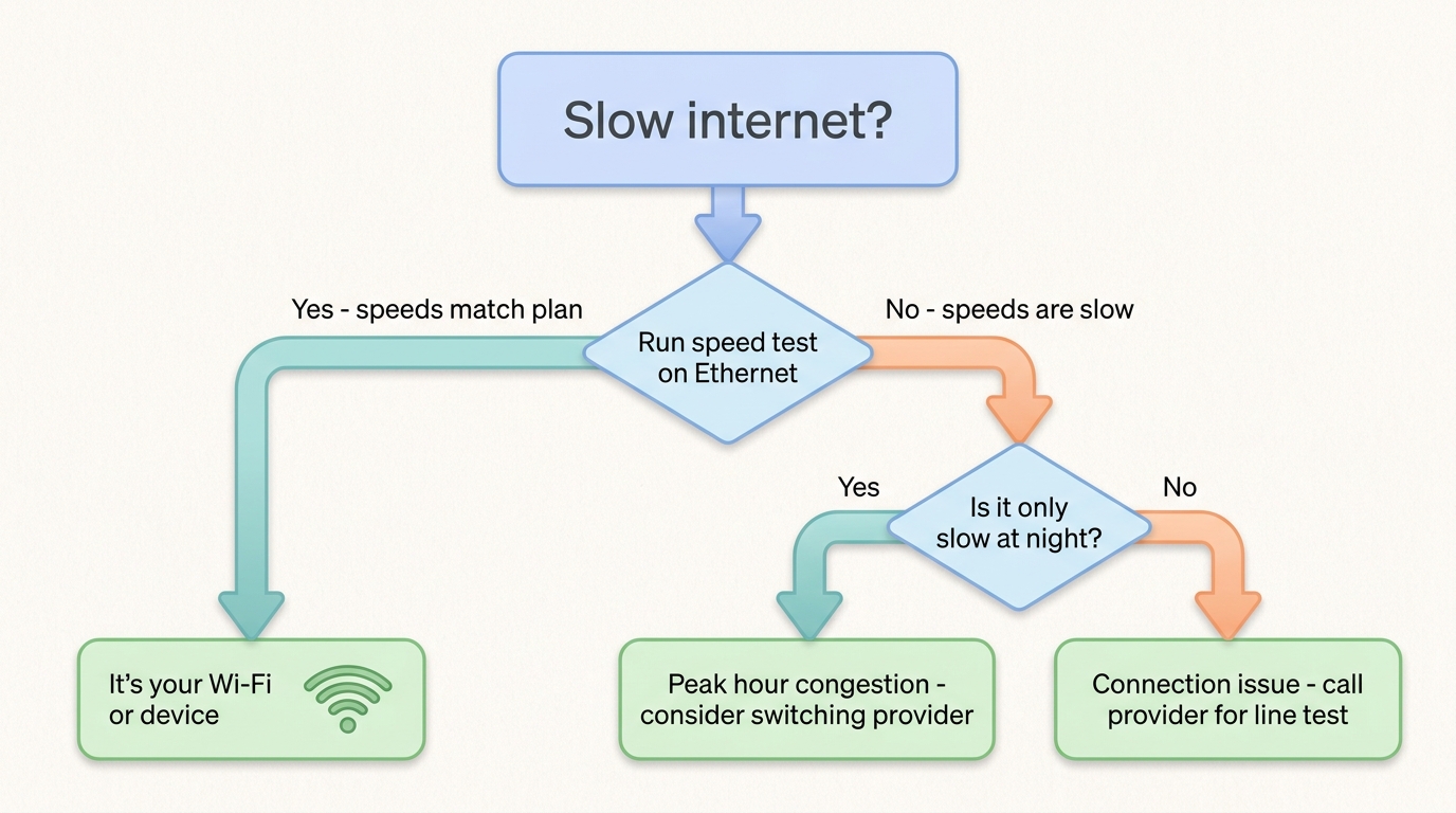 Diagnostic flowchart for slow internet - starts with speed test on Ethernet then branches based on whether the connection is fine or slow, and whether the slowness is only at night