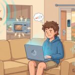 Cartoon showing common causes of slow Wi-Fi in an Australian home — router placement, microwave interference, fish tank absorption