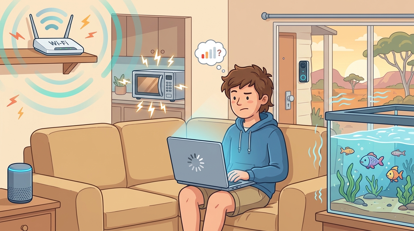 Cartoon showing common causes of slow Wi-Fi in an Australian home — router placement, microwave interference, fish tank absorption