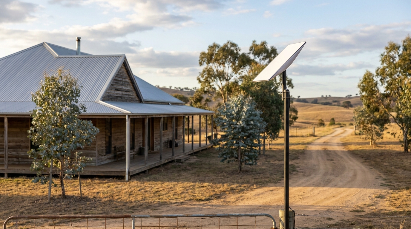 Photo of a Starlink satellite dish mounted on a pole next to a modern Australian rural farmhouse with weathered timber siding, corrugated metal roof, eucalyptus trees and rolling pastoral hills
