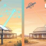 Split-frame cartoon comparison of Starlink and Sky Muster satellite internet showing the difference between Starlink's low-orbit constellation and Sky Muster's single high-orbit satellite, both at Australian rural farmhouses