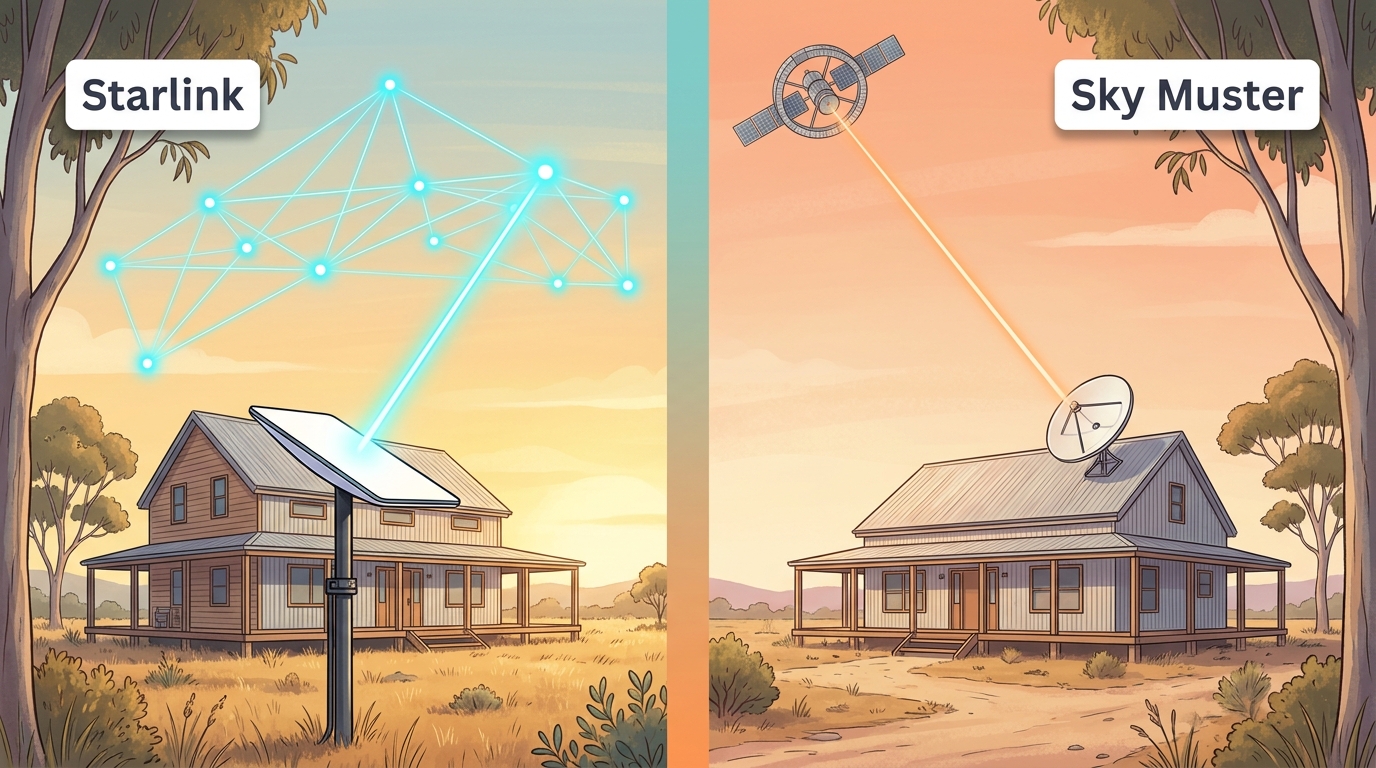 Split-frame cartoon comparison of Starlink and Sky Muster satellite internet showing the difference between Starlink's low-orbit constellation and Sky Muster's single high-orbit satellite, both at Australian rural farmhouses