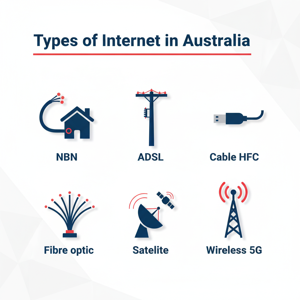 Infographic showing the six main types of home internet in Australia: NBN, ADSL, Cable HFC, fibre optic, satellite and wireless 5G