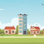 Cartoon illustration of an Australian suburban street showing houses with different NBN connection types - fibre, FTTN cabinet, apartment with FTTB, fixed wireless and satellite dish