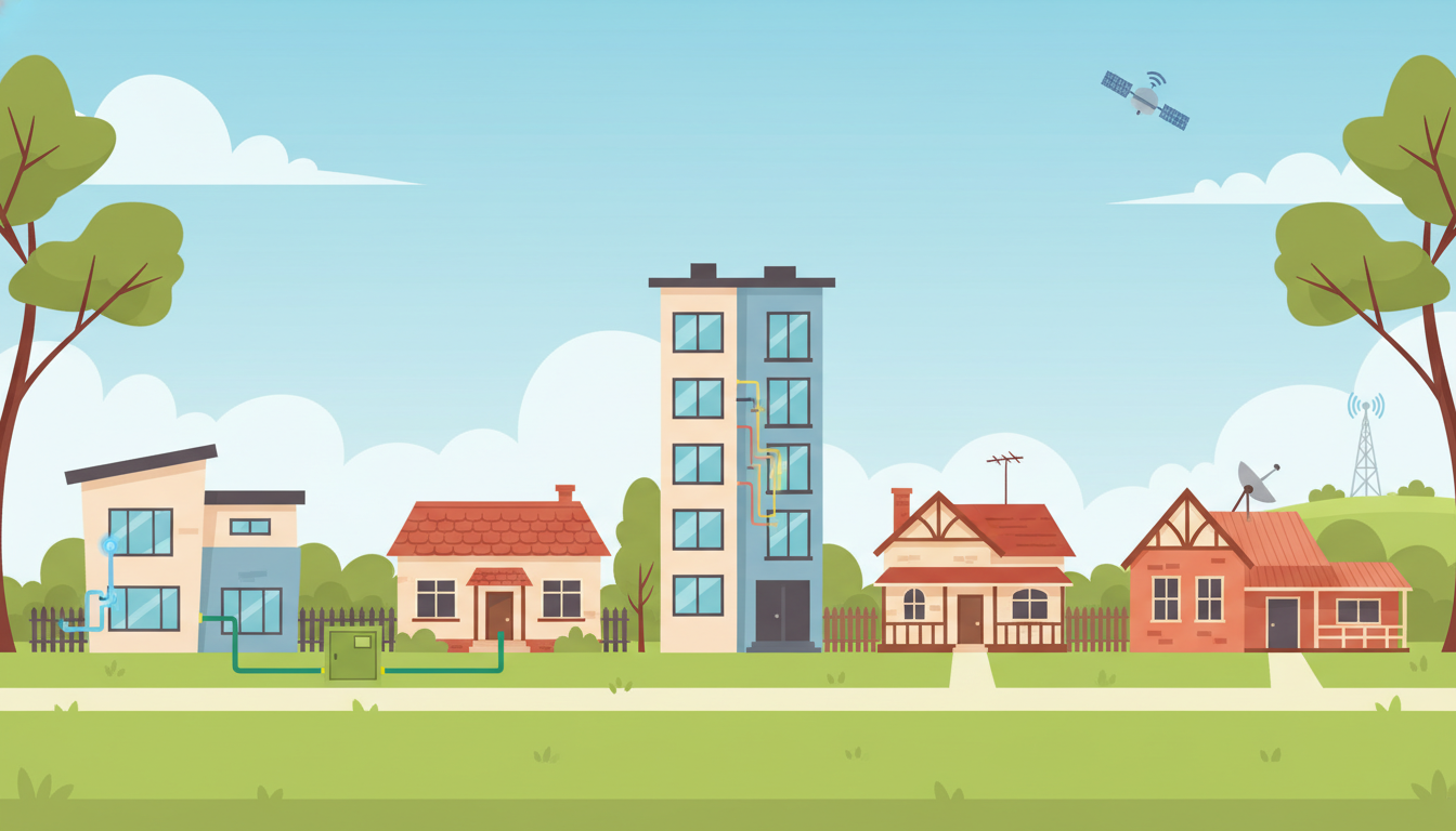 Cartoon illustration of an Australian suburban street showing houses with different NBN connection types - fibre, FTTN cabinet, apartment with FTTB, fixed wireless and satellite dish