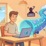 Cartoon illustration of an Australian at a laptop with a glowing blue VPN tunnel protecting their internet traffic from ISP and observers