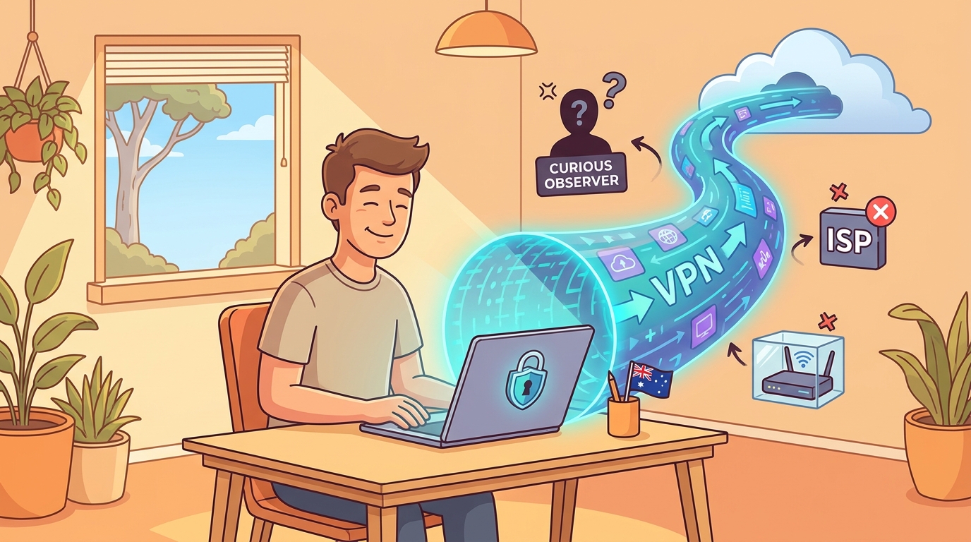 Cartoon illustration of an Australian at a laptop with a glowing blue VPN tunnel protecting their internet traffic from ISP and observers