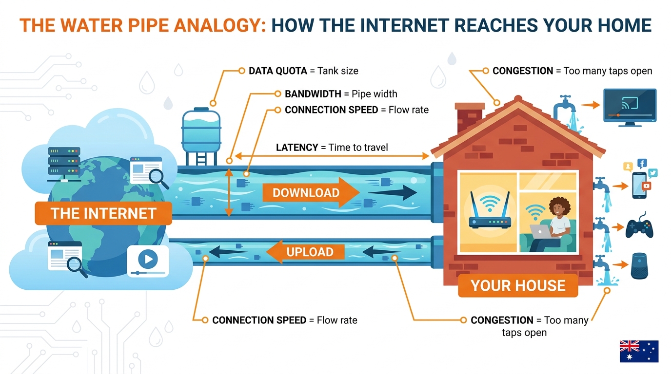 Infographic showing the internet connecting to an Australian home via a wider download pipe and narrower upload pipe, with labels for data quota, bandwidth, connection speed, latency and congestion