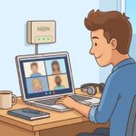 Cartoon of Australian person working from home on a Zoom video call, with NBN box on wall and Wi-Fi router on shelf