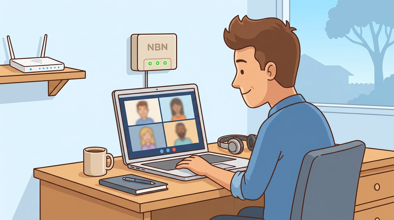 Cartoon of Australian person working from home on a Zoom video call, with NBN box on wall and Wi-Fi router on shelf