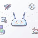 Cartoon infographic showing a sad-faced Wi-Fi router surrounded by icons of common causes of slow internet - buffering phone, weak Wi-Fi signal, peak hour clock, too many devices, cloud syncs, broken cable, old modem, house with poor signal