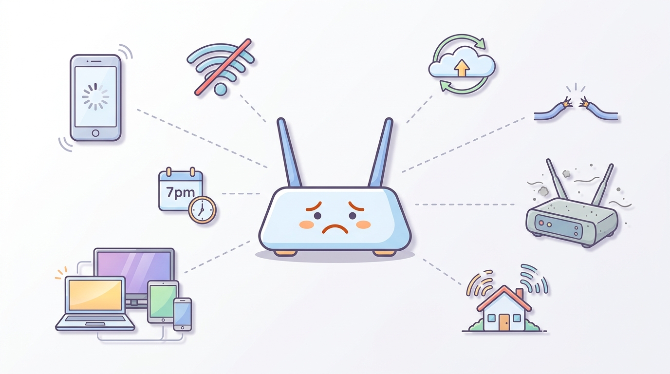 Cartoon infographic showing a sad-faced Wi-Fi router surrounded by icons of common causes of slow internet - buffering phone, weak Wi-Fi signal, peak hour clock, too many devices, cloud syncs, broken cable, old modem, house with poor signal
