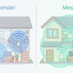 Side-by-side comparison illustration of the same house with a Wi-Fi extender (two separate blue Wi-Fi zones) versus a mesh network (single seamless teal Wi-Fi cloud covering the whole house)