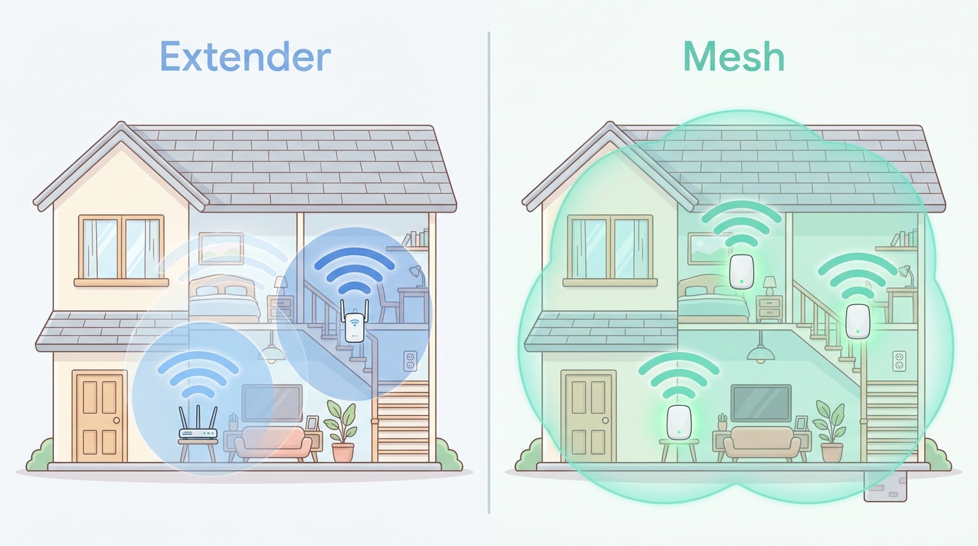 Side-by-side comparison illustration of the same house with a Wi-Fi extender (two separate blue Wi-Fi zones) versus a mesh network (single seamless teal Wi-Fi cloud covering the whole house)