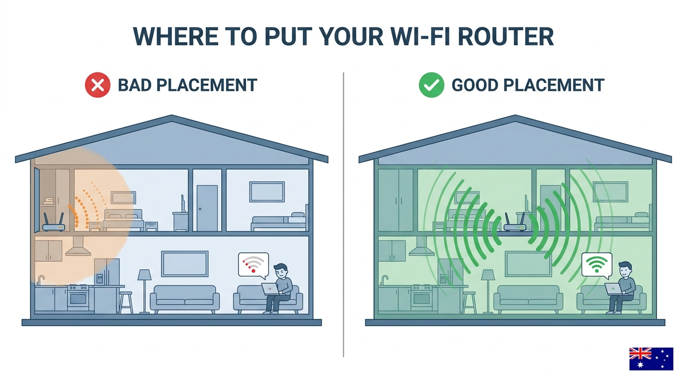 Good vs bad router placement in an Australian home — cross-section diagram