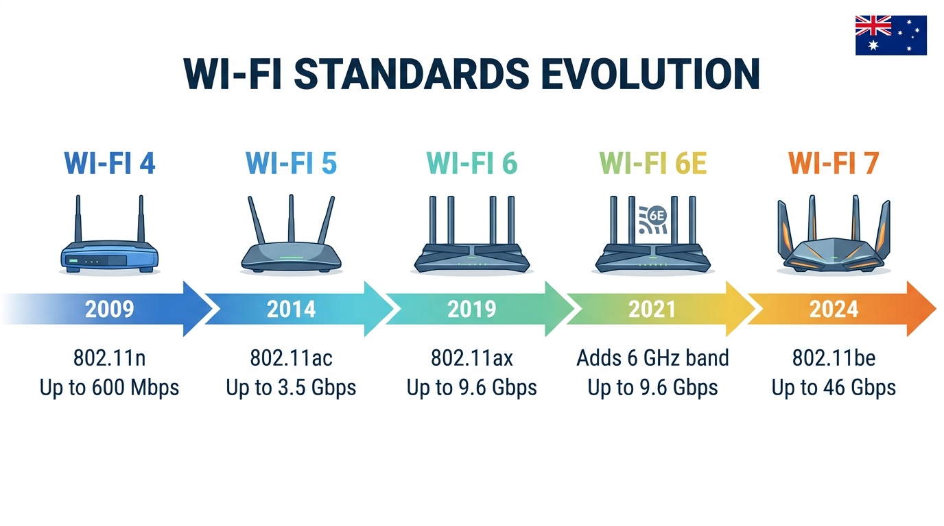 Wi-Fi standards evolution from Wi-Fi 4 (2009) to Wi-Fi 7 (2024)