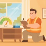Cartoon of a high-vis government inspector checking an NBN modem and a speed gauge in the green, representing the ACCC broadband speed report