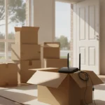 Moving boxes in a bright Australian living room with a WiFi modem router sitting on top of an open box