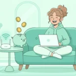 Cartoon of a happy Australian woman on a couch with a laptop as coins drop into a piggy bank beside a wifi router, saving money on her NBN bill