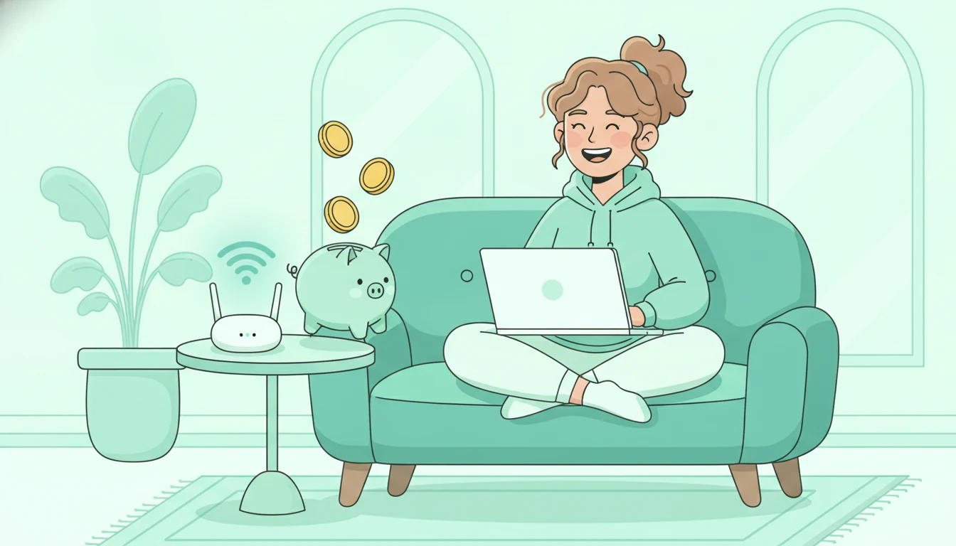 Cartoon of a happy Australian woman on a couch with a laptop as coins drop into a piggy bank beside a wifi router, saving money on her NBN bill