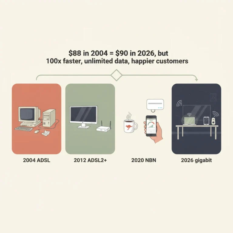 Cartoon timeline showing evolution of Australian home internet from 2004 ADSL through 2012 ADSL2+ and 2020 NBN to 2026 gigabit, with caption 88 dollars in 2004 equals 90 dollars in 2026 but 100 times faster