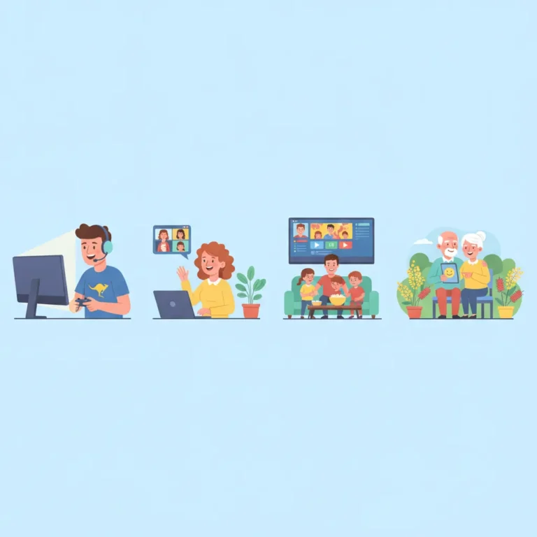Cartoon of four households using the internet differently, for the best NBN provider by use case guide