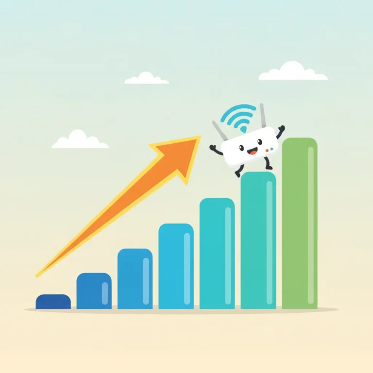 Cartoon of a router climbing a rising chart, for the iiNet review showing improving ratings