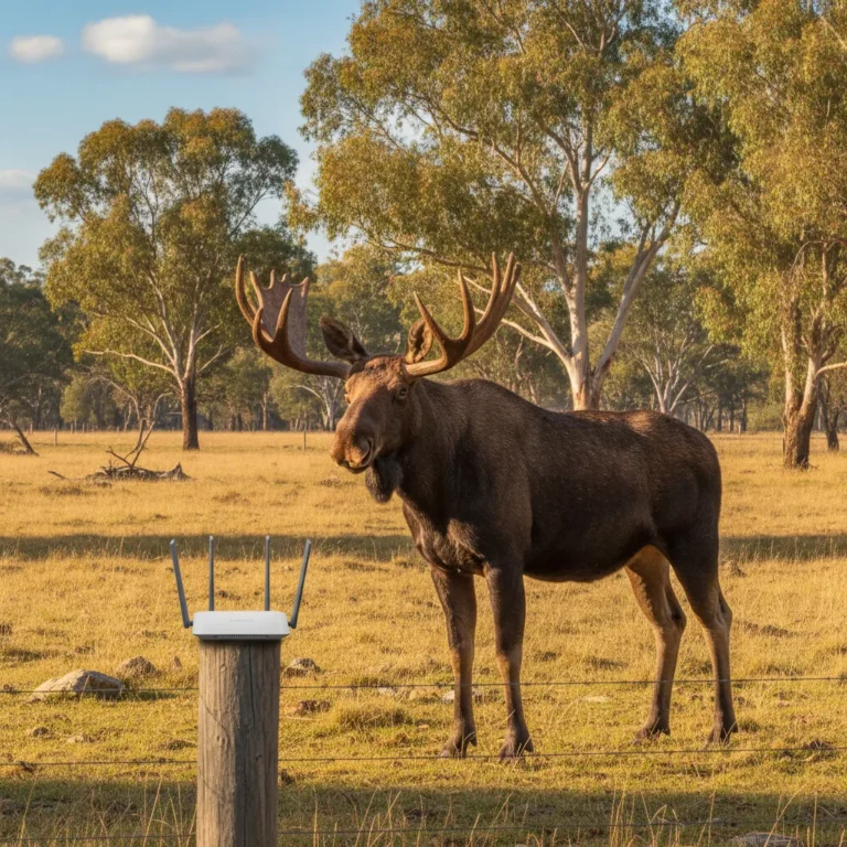 A moose in an Australian paddock with a wifi router on a fence post, illustrating the Moose Mobile NBN review